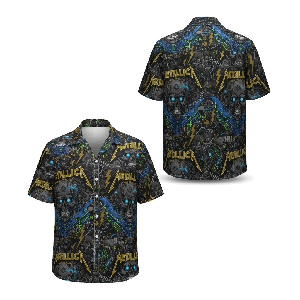 Metallica Master Of Puppets Skull Hawaiian Shirt Black Blue Front Back - Fadebrick.com