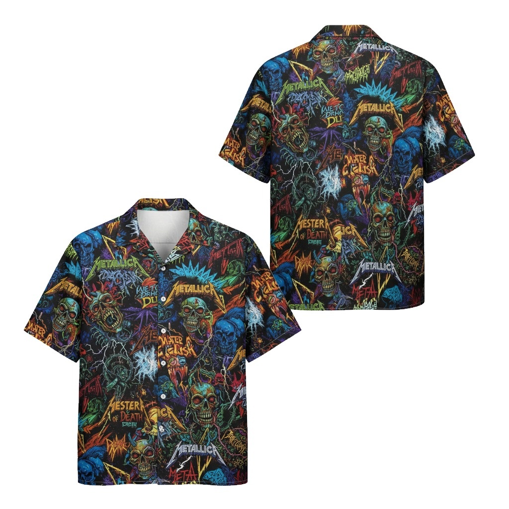 Metallica Master Of Puppets Skull Hawaiian Shirt Black Multi Front Back - Fadebrick.com