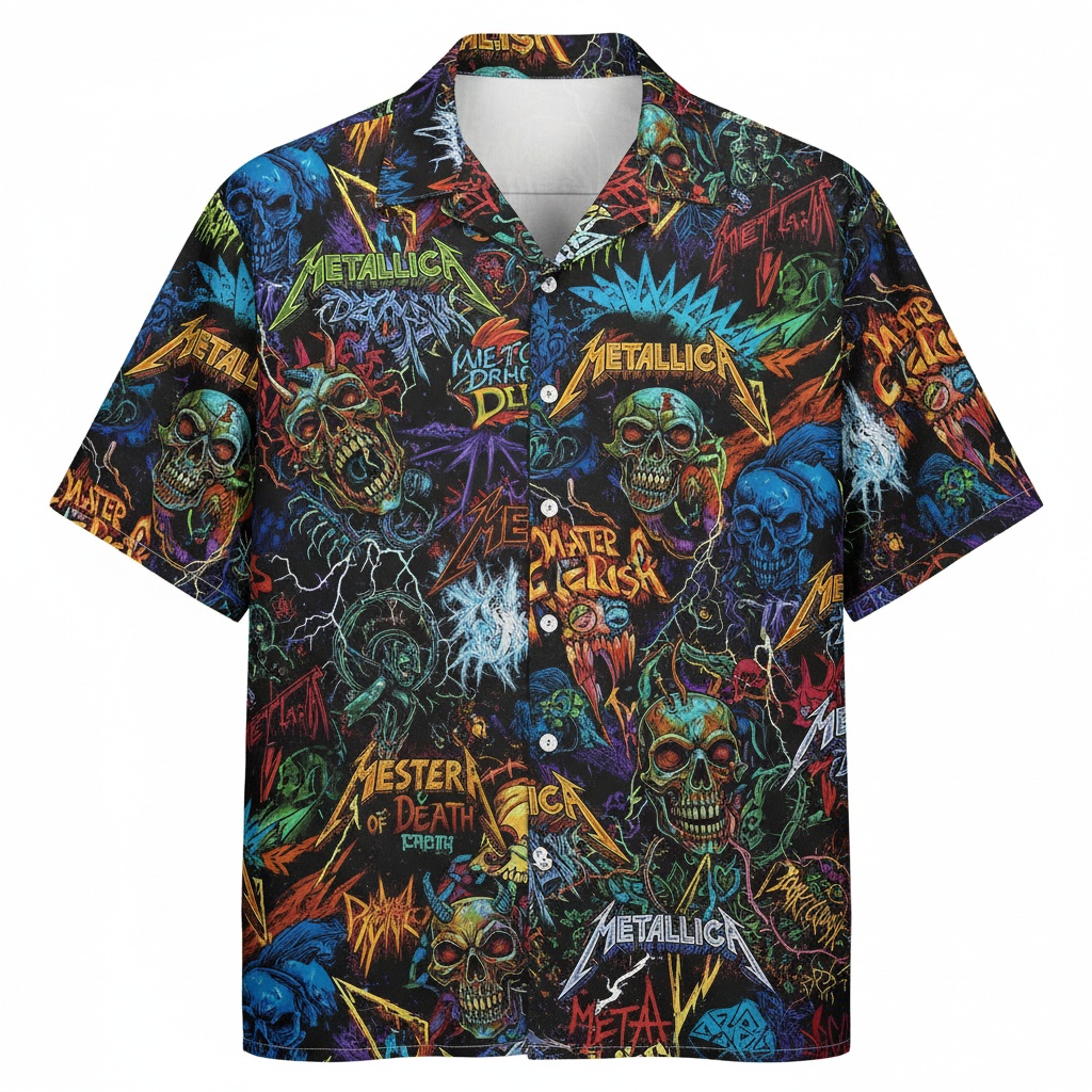 Metallica Master Of Puppets Skull Hawaiian Shirt Black Multi Front - Fadebrick.com