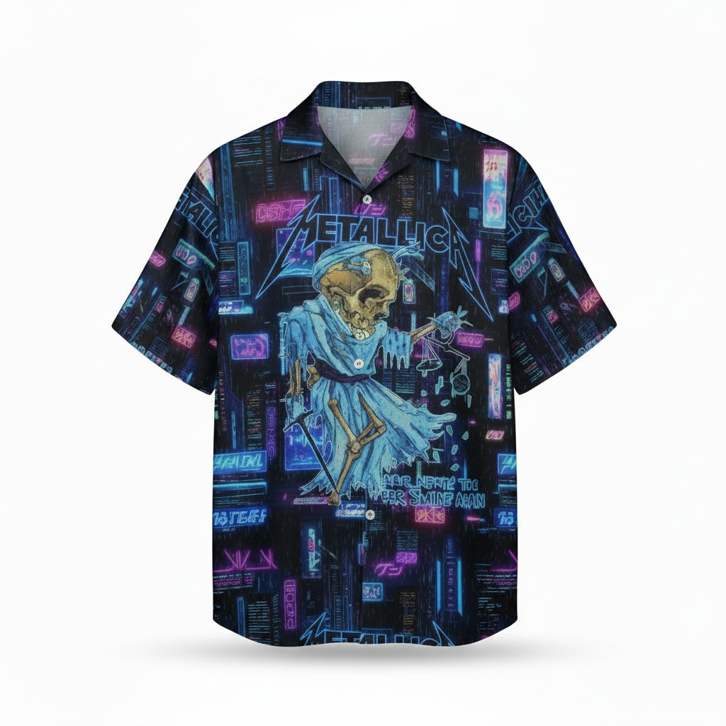 Metallica Neon Skeleton Hawaiian Shirt Blue Black Design Back - Fadebrick.com