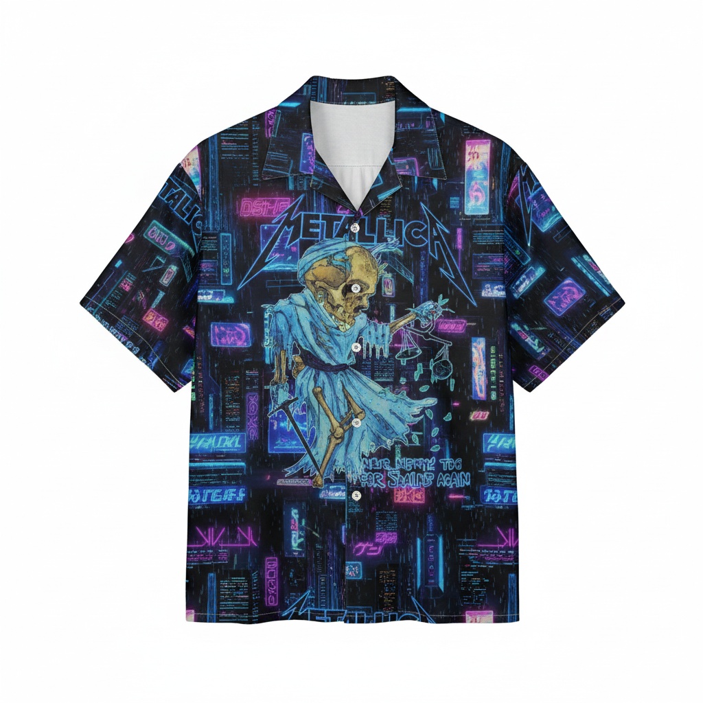 Metallica Neon Skeleton Hawaiian Shirt Blue Black Design Front - Fadebrick.com