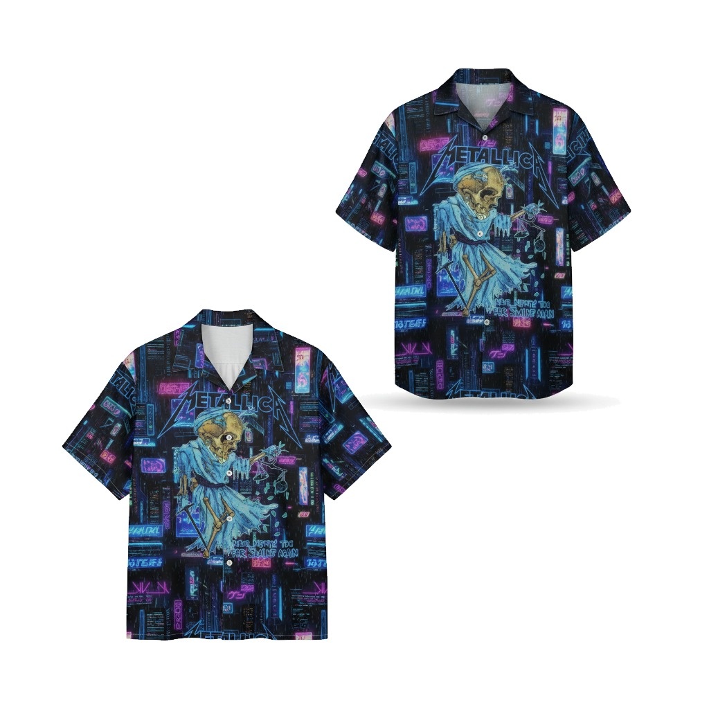Metallica Neon Skeleton Hawaiian Shirt Blue Black Design - Fadebrick.com