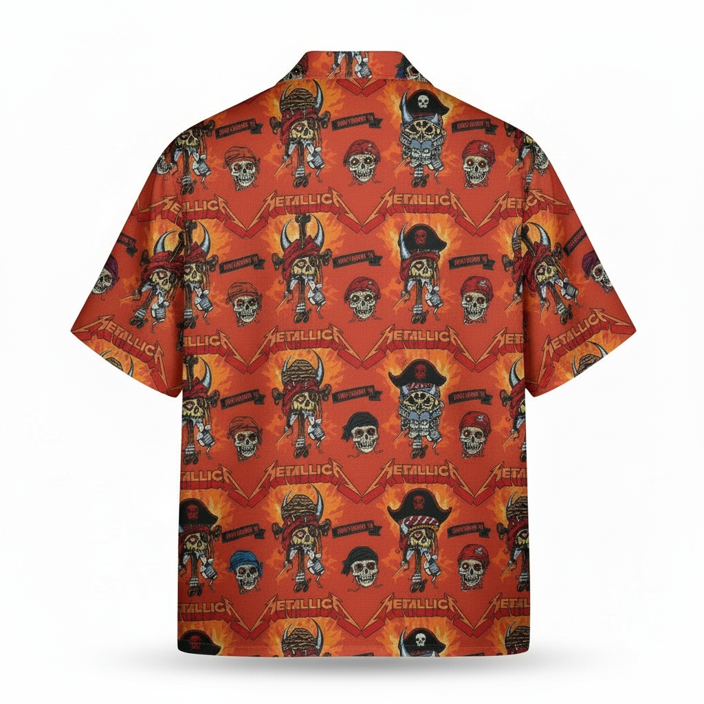 Metallica Pirate Skull Orange Hawaiian Shirt Rock Band Style Back - Fadebrick.com