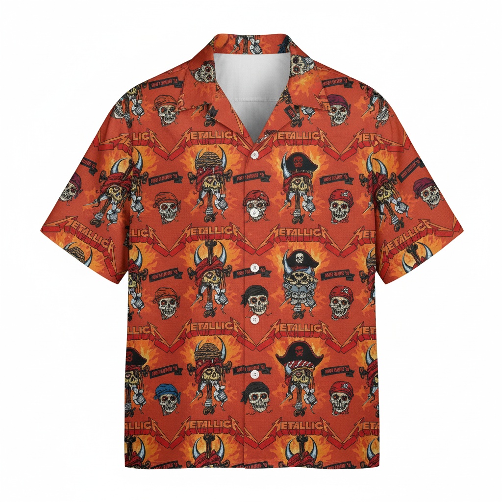 Metallica Pirate Skull Orange Hawaiian Shirt Rock Band Style Front - Fadebrick.com