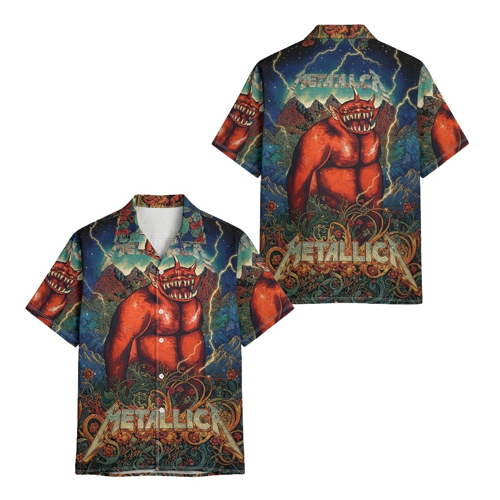 Metallica Red Devil Graphic Print Hawaiian Shirt For Men Front Back - Fadebrick.com