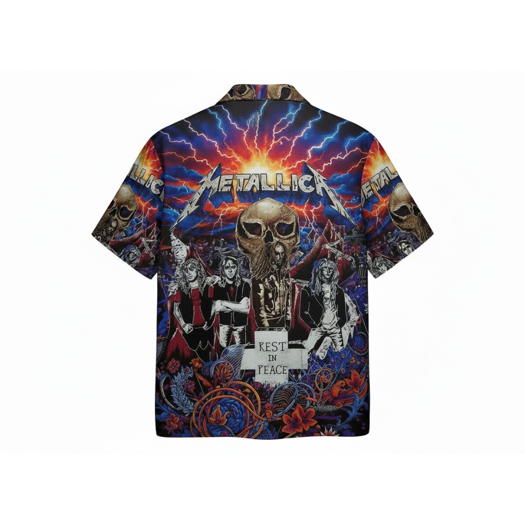 Metallica Rest In Peace Skull Lightning Print Hawaiian Shirt Back - Fadebrick.com