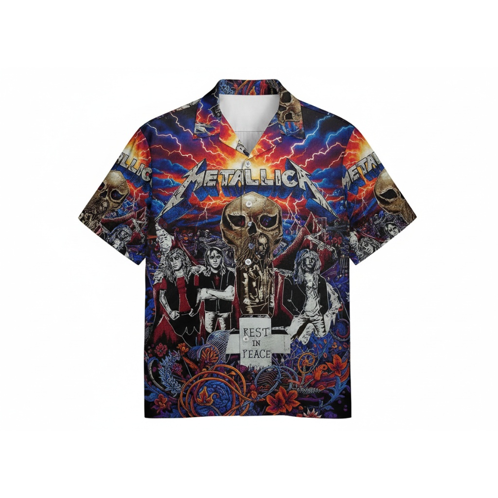 Metallica Rest In Peace Skull Lightning Print Hawaiian Shirt Front - Fadebrick.com