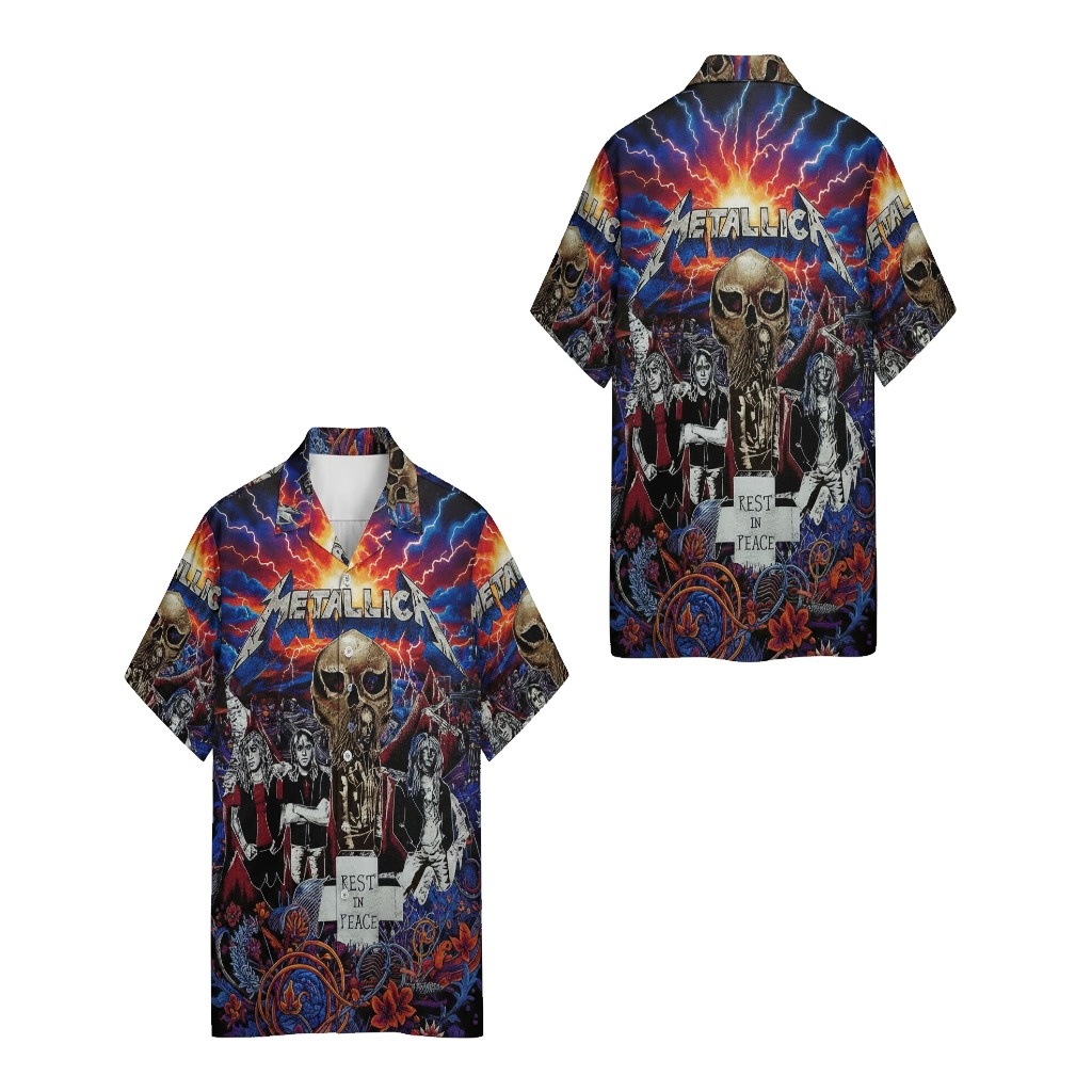 Metallica Rest In Peace Skull Lightning Print Hawaiian Shirt - Fadebrick.com