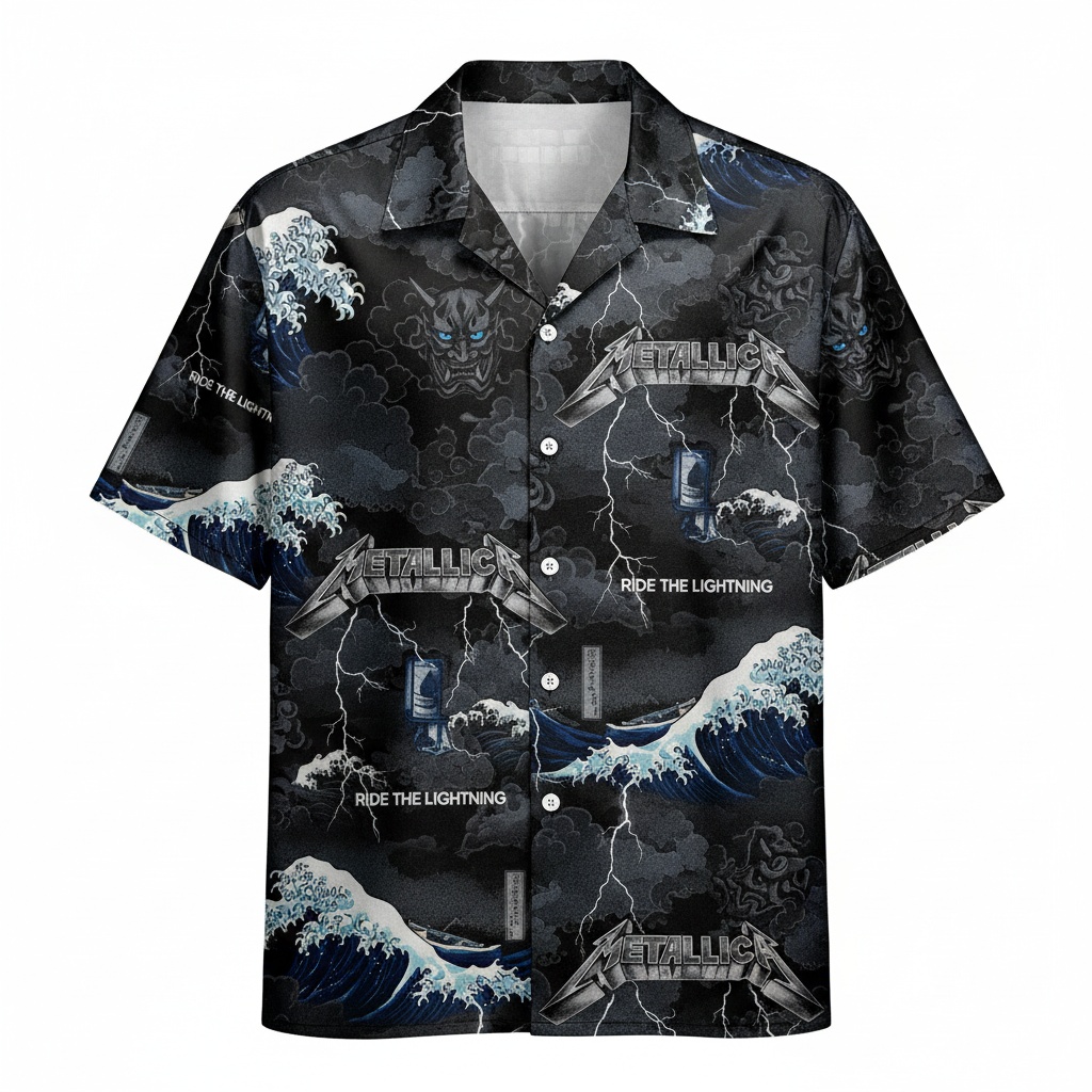 Metallica Ride The Lightning Black Hawaiian Shirt Rock Style Front - Fadebrick.com