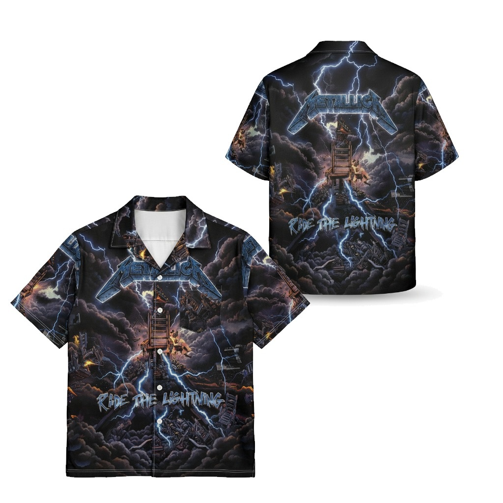 Metallica Ride The Lightning Black Lightning Print Button Front Back - Fadebrick.com