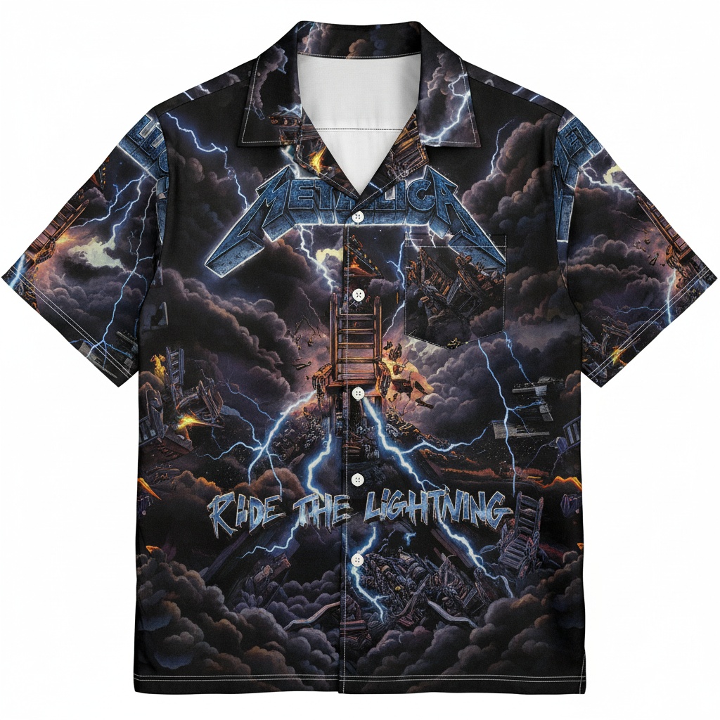 Metallica Ride The Lightning Black Lightning Print Button Front - Fadebrick.com