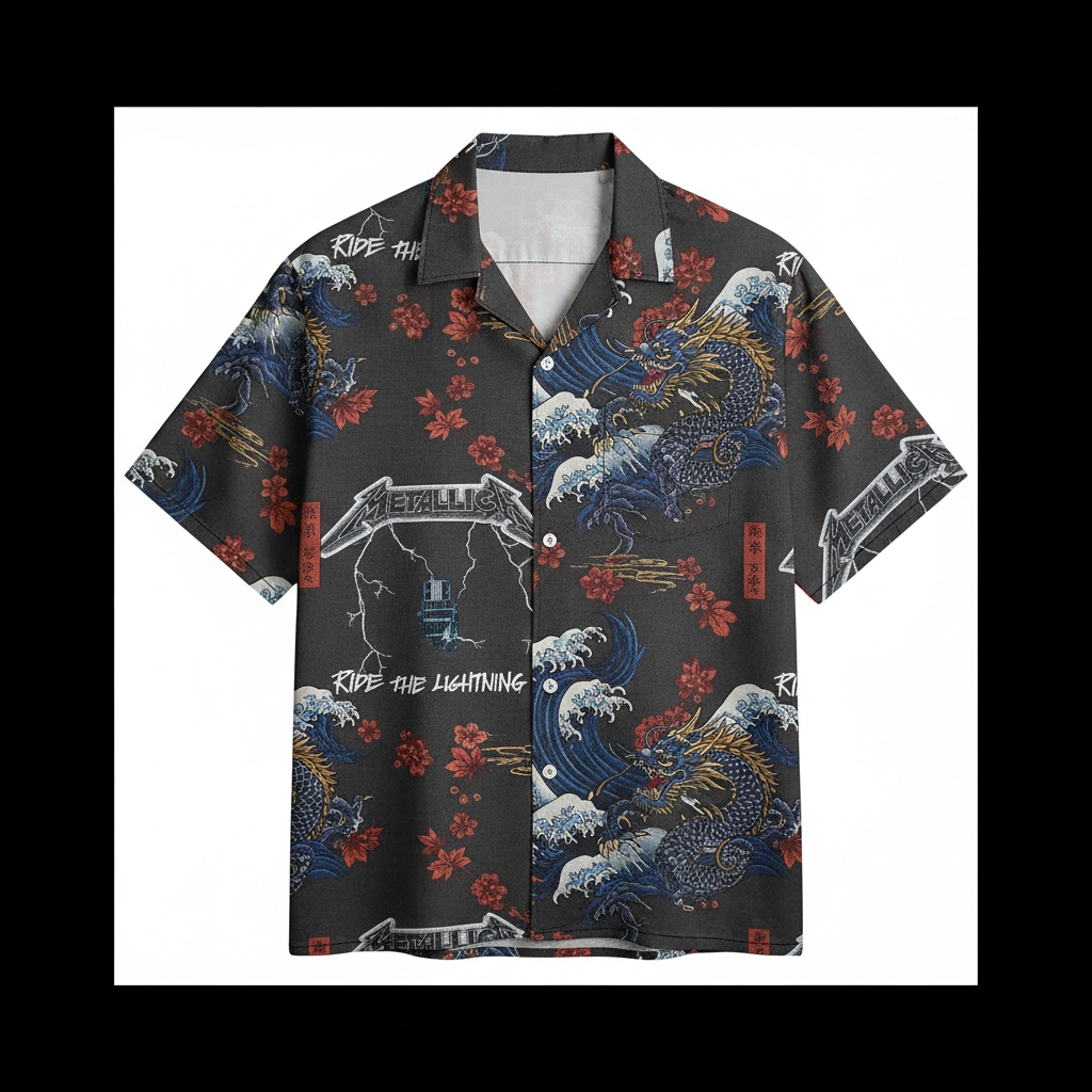 Metallica Ride The Lightning Dragon Hawaiian Shirt Dark Grey Front - Fadebrick.com