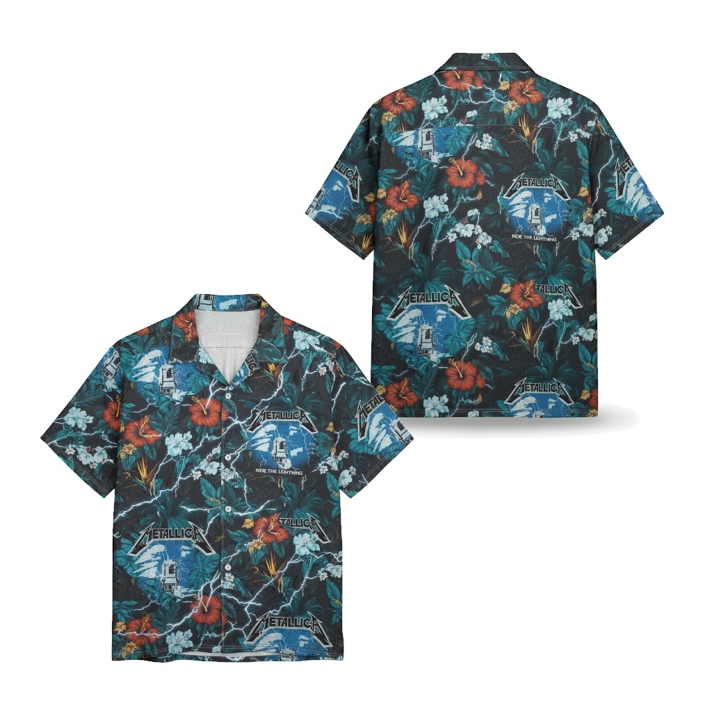 Metallica Ride The Lightning Hawaiian Shirt Black Floral Front Back - Fadebrick.com