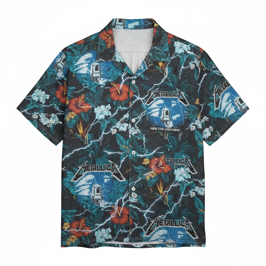 Metallica Ride The Lightning Hawaiian Shirt Black Floral Front - Fadebrick.com