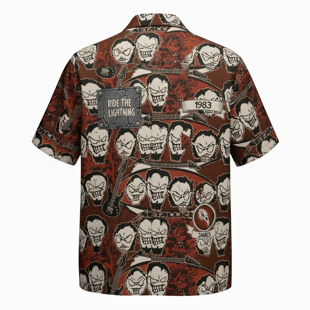 Metallica Ride The Lightning Skull Design Brown Hawaiian Back - Fadebrick.com