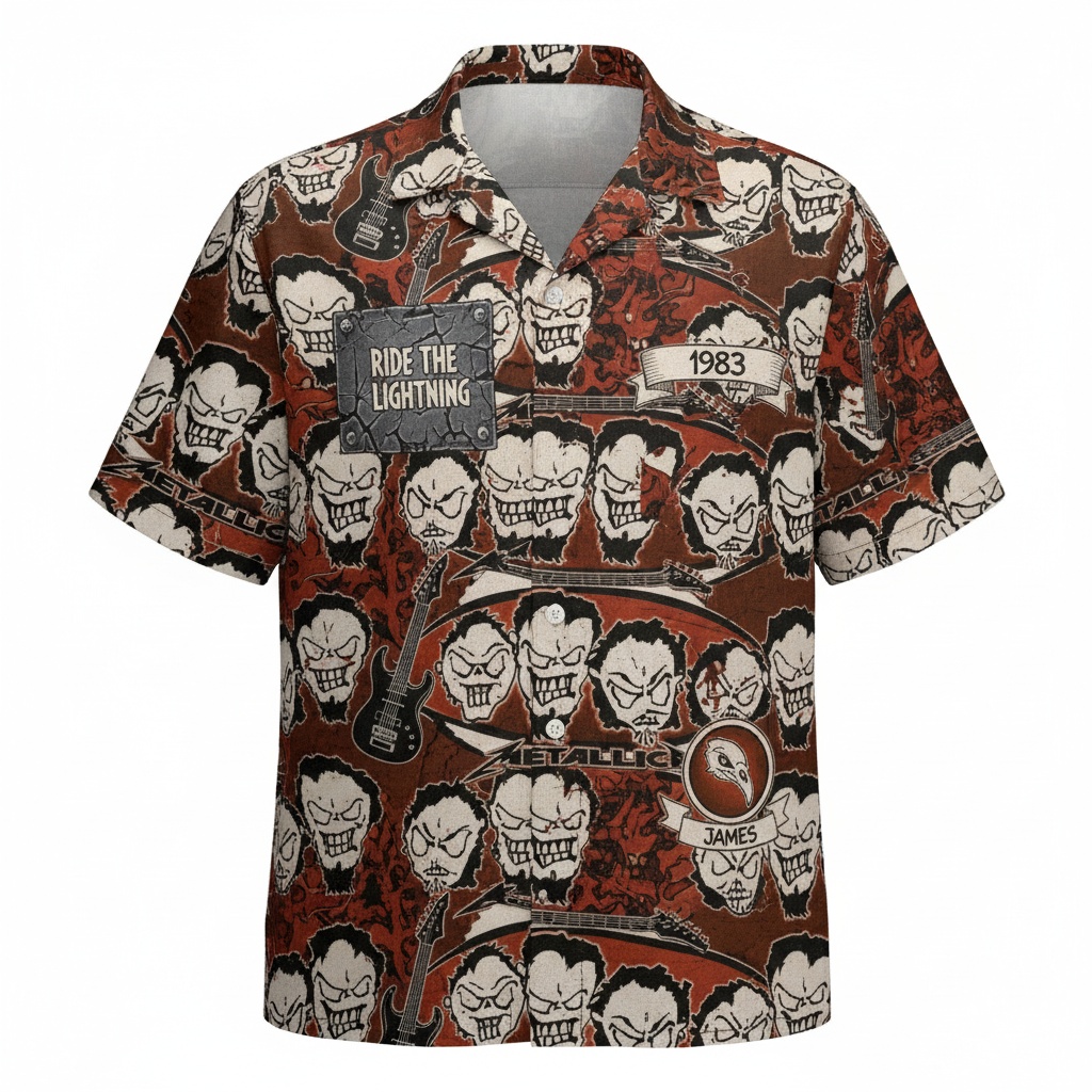 Metallica Ride The Lightning Skull Design Brown Hawaiian Front - Fadebrick.com