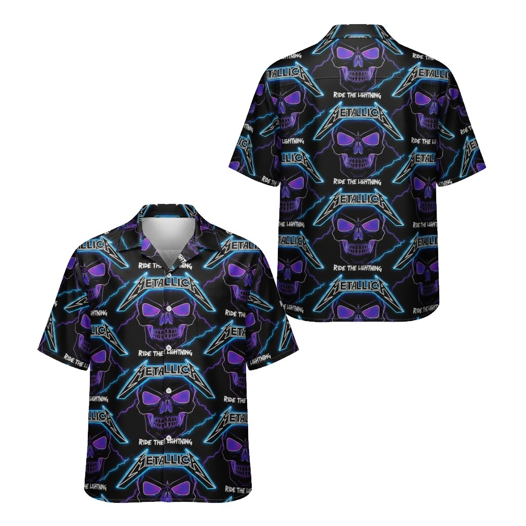 Metallica Ride The Lightning Skull Hawaiian Shirt Black Front Back - Fadebrick.com