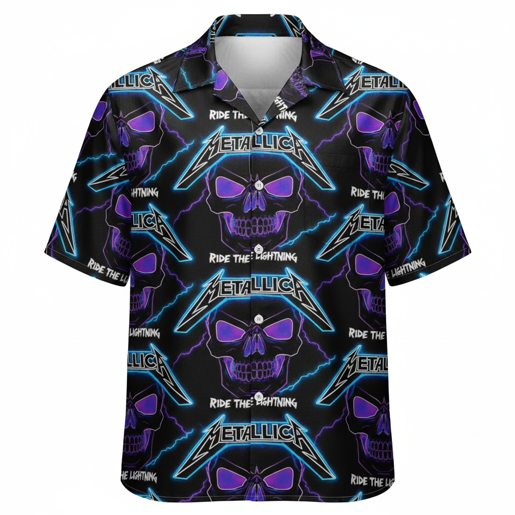 Metallica Ride The Lightning Skull Hawaiian Shirt Black Front - Fadebrick.com