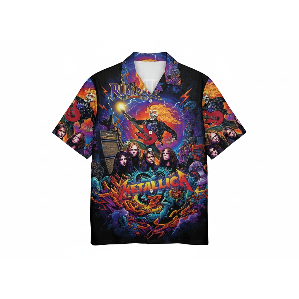 Metallica Rock Band Graphic Print Button Up Shirt Black Front - Fadebrick.com