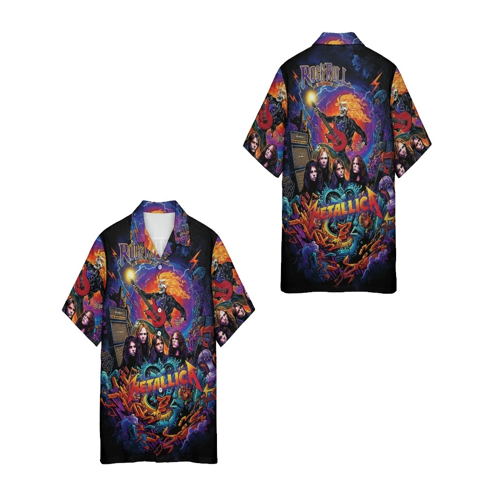 Metallica Rock Band Graphic Print Button Up Shirt Black - Fadebrick.com