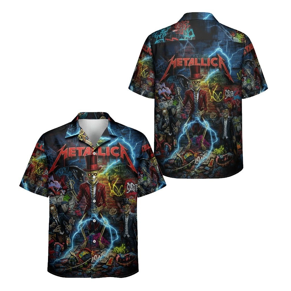 Metallica Skeleton Graphic Hawaiian Shirt Rock Band Apparel Front Back - Fadebrick.com