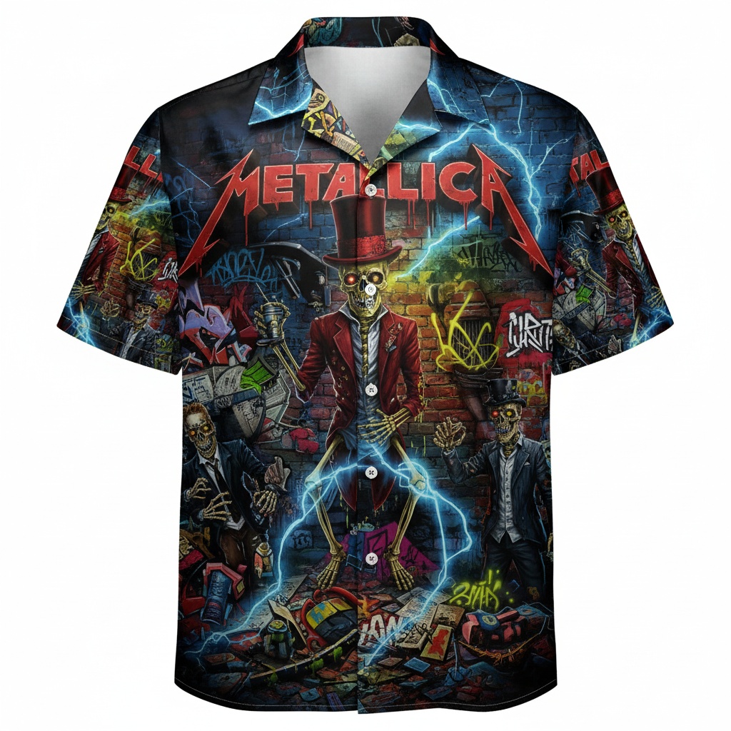 Metallica Skeleton Graphic Hawaiian Shirt Rock Band Apparel Front - Fadebrick.com
