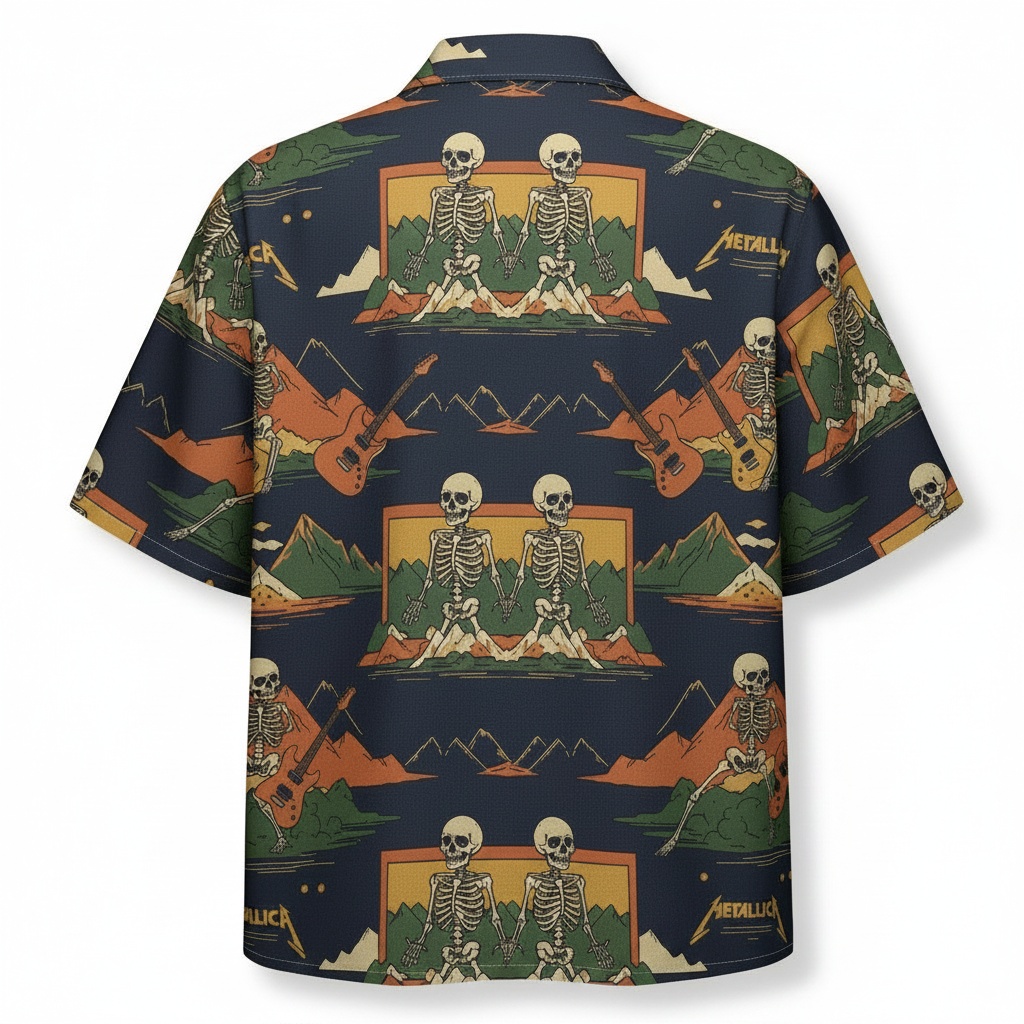 Metallica Skeleton Mountain Navy Blue Hawaiian Shirt Back - Fadebrick.com