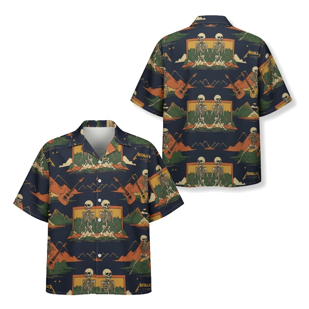 Metallica Skeleton Mountain Navy Blue Hawaiian Shirt Front Back - Fadebrick.com