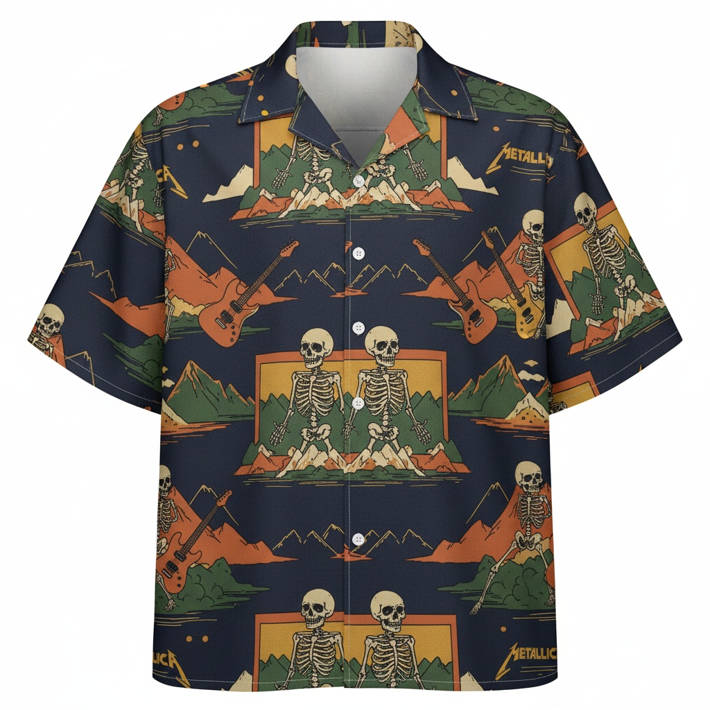 Metallica Skeleton Mountain Navy Blue Hawaiian Shirt Front - Fadebrick.com