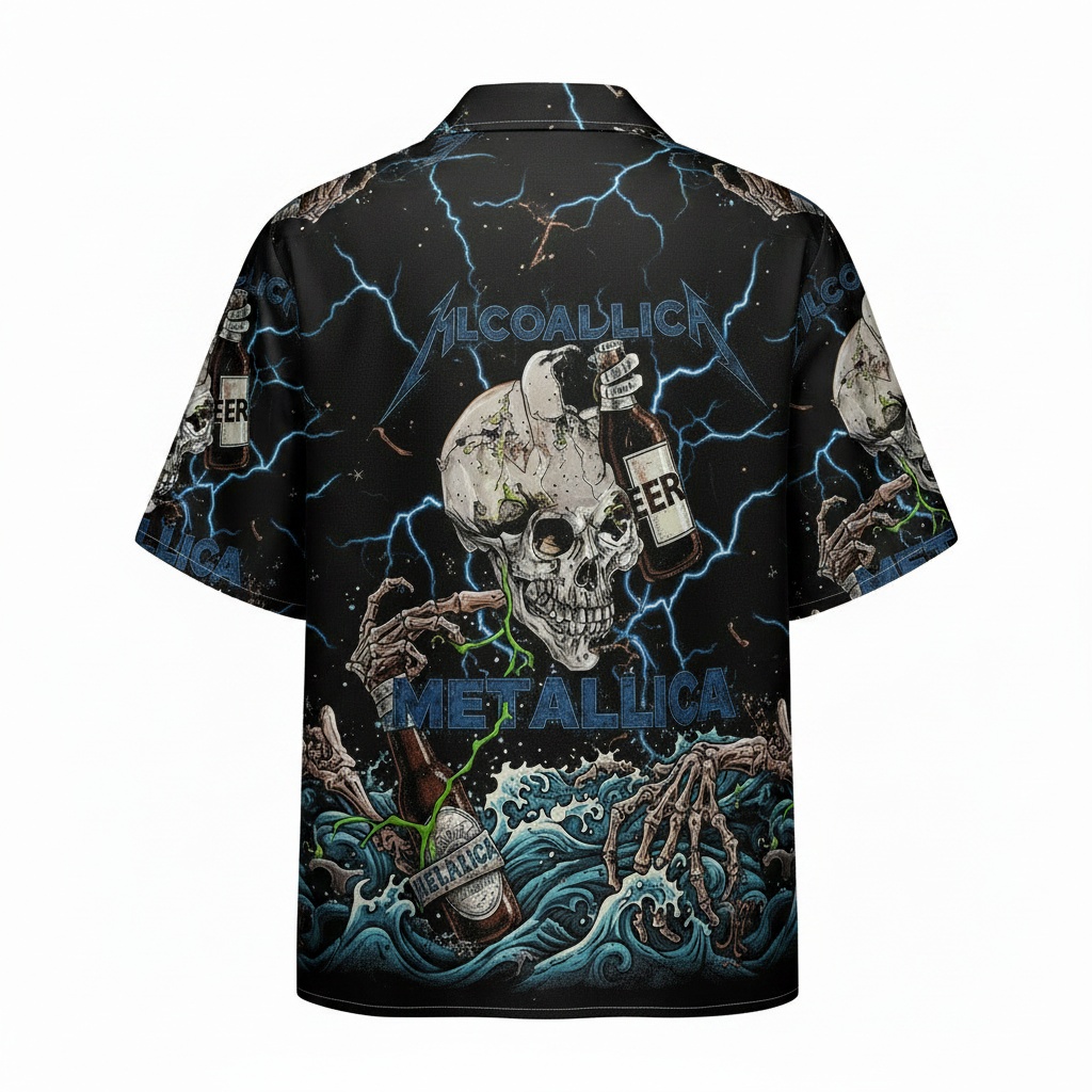 Metallica Skull Beer Hawaiian Shirt Black Lightning Design Back - Fadebrick.com