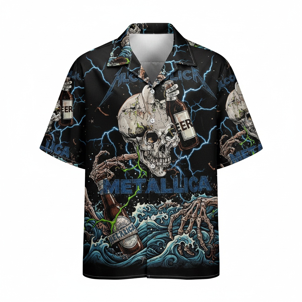 Metallica Skull Beer Hawaiian Shirt Black Lightning Design Front - Fadebrick.com