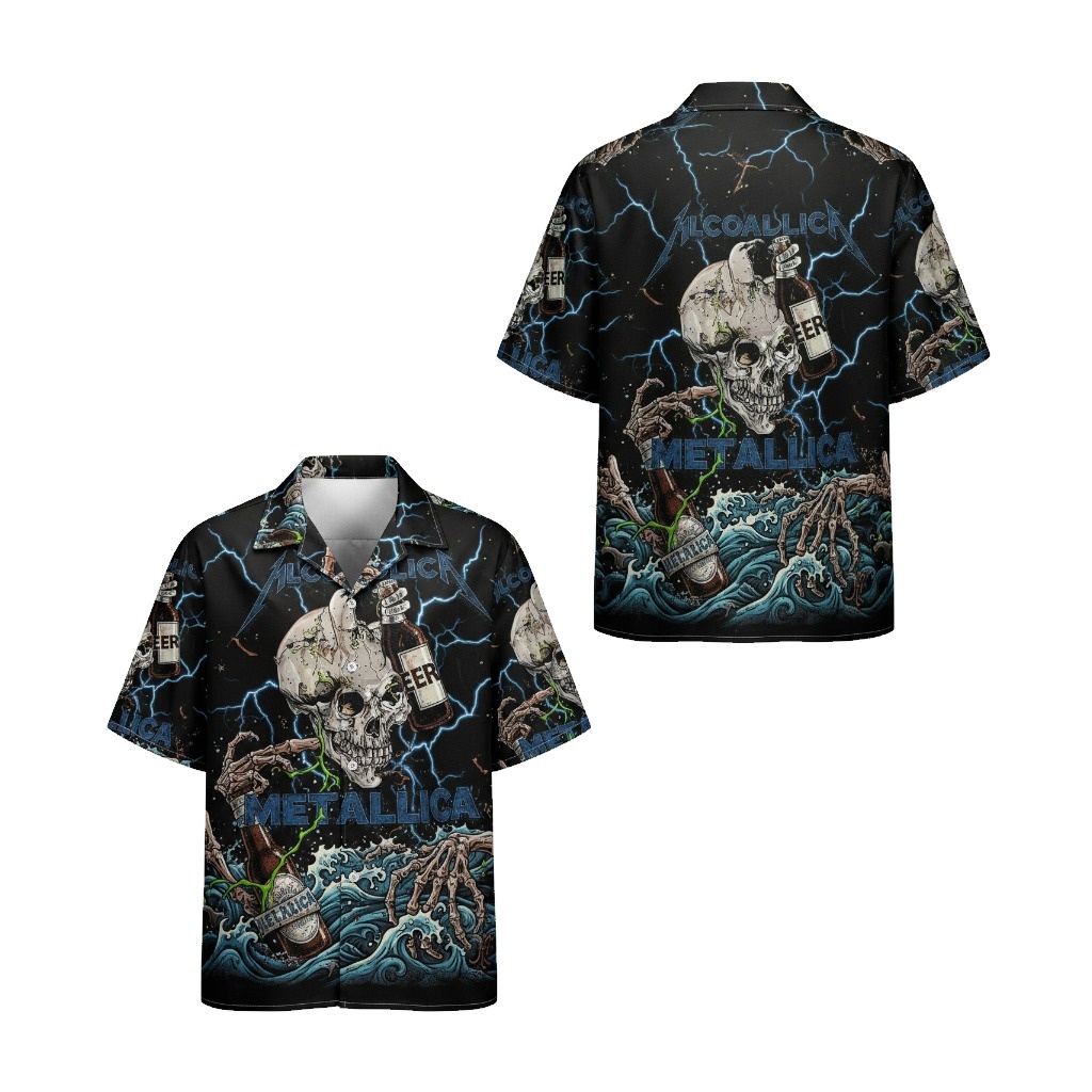 Metallica Skull Beer Hawaiian Shirt Black Lightning Design - Fadebrick.com