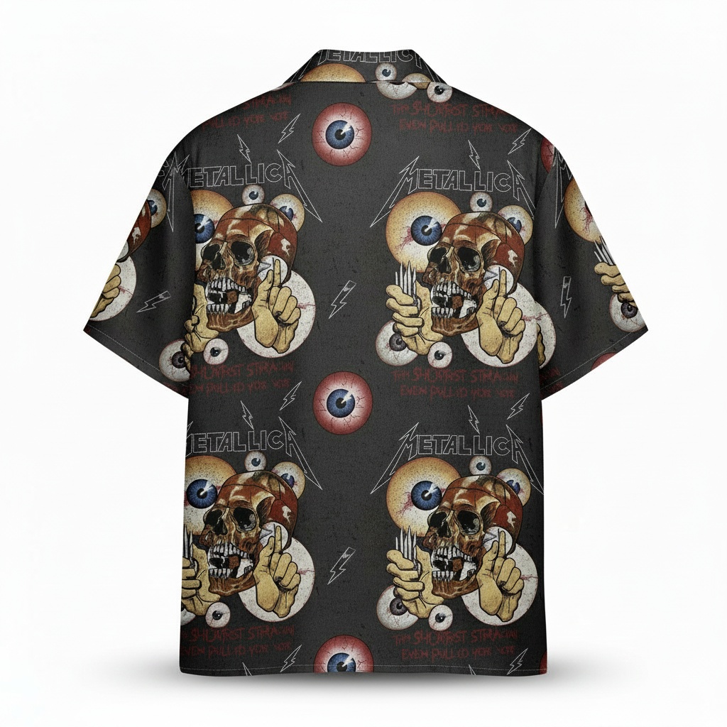 Metallica Skull Eyeball Print Black Hawaiian Shirt Back - Fadebrick.com