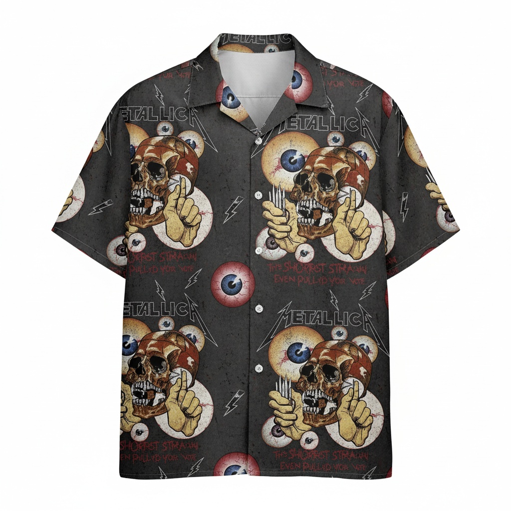 Metallica Skull Eyeball Print Black Hawaiian Shirt Front - Fadebrick.com