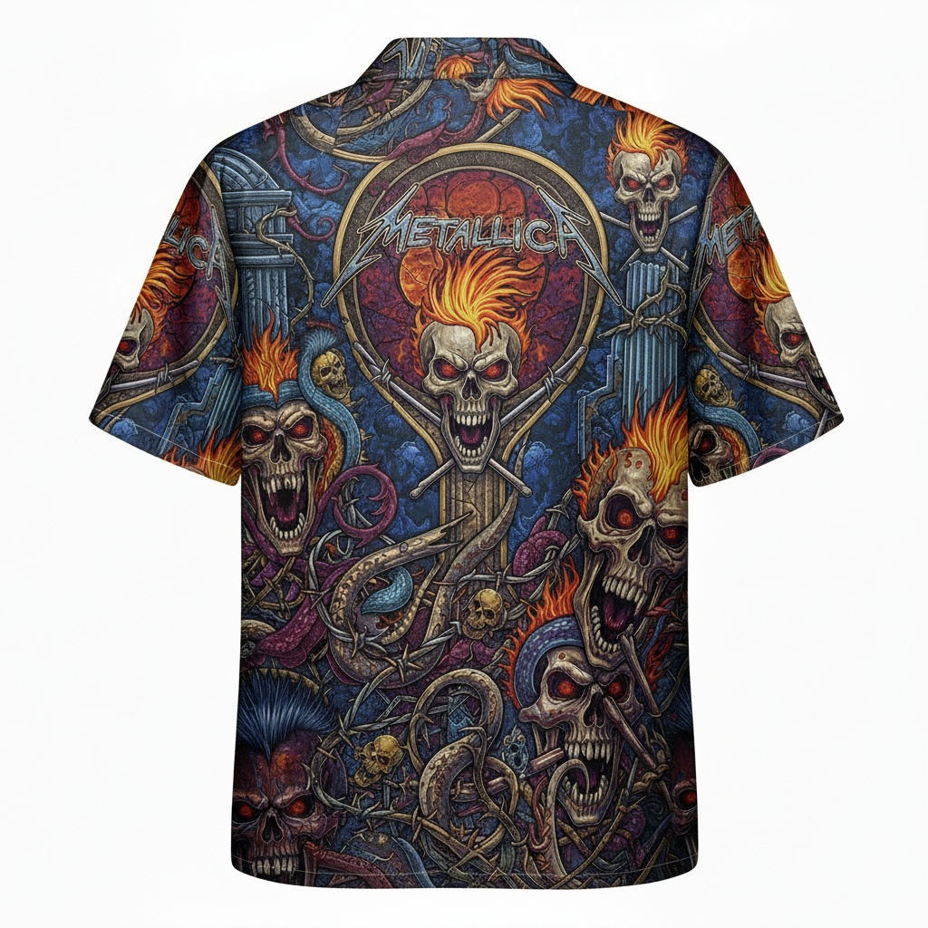 Metallica Skull Fire Hawaiian Shirt Dark Blue Rock Style Back - Fadebrick.com