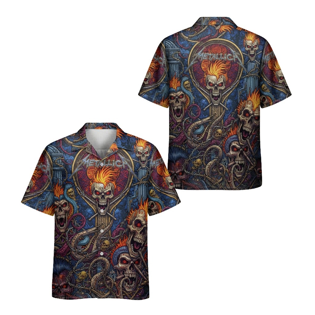 Metallica Skull Fire Hawaiian Shirt Dark Blue Rock Style Front Back - Fadebrick.com