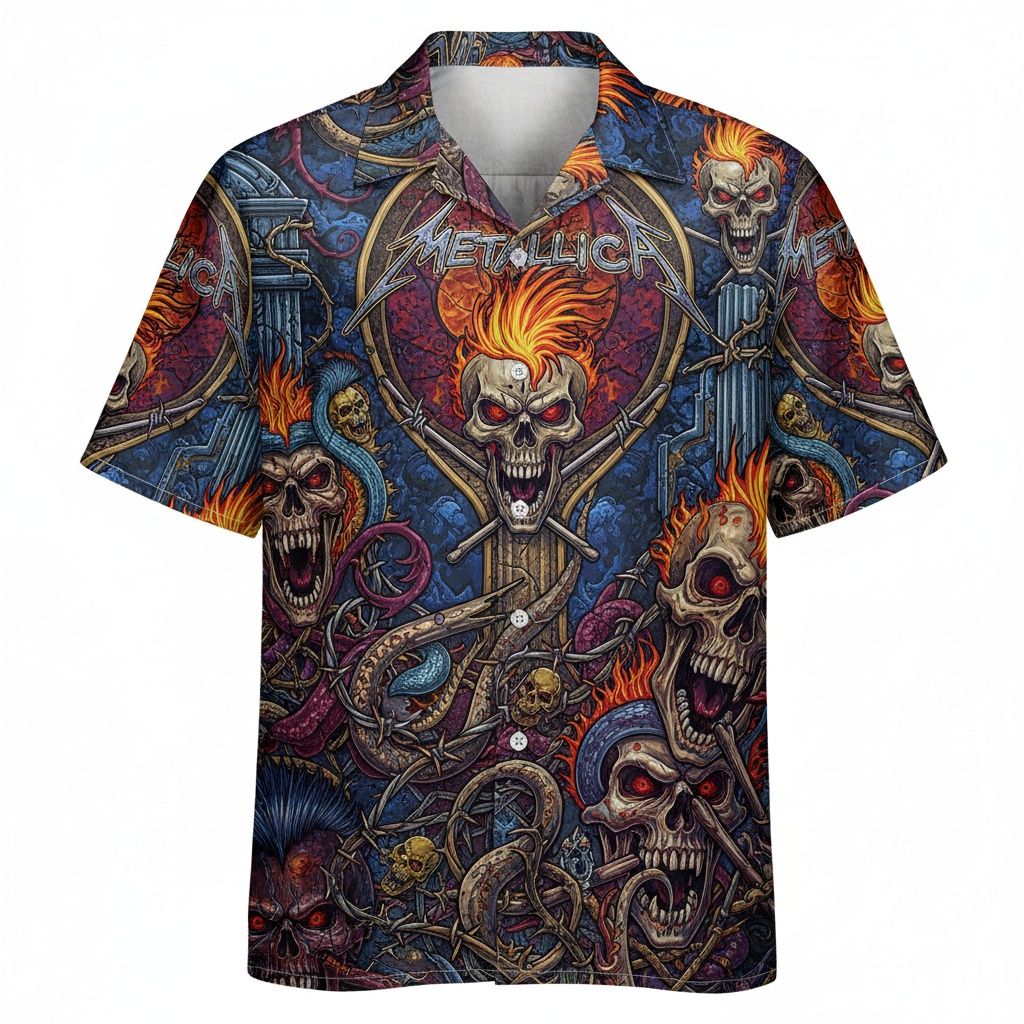 Metallica Skull Fire Hawaiian Shirt Dark Blue Rock Style Front - Fadebrick.com