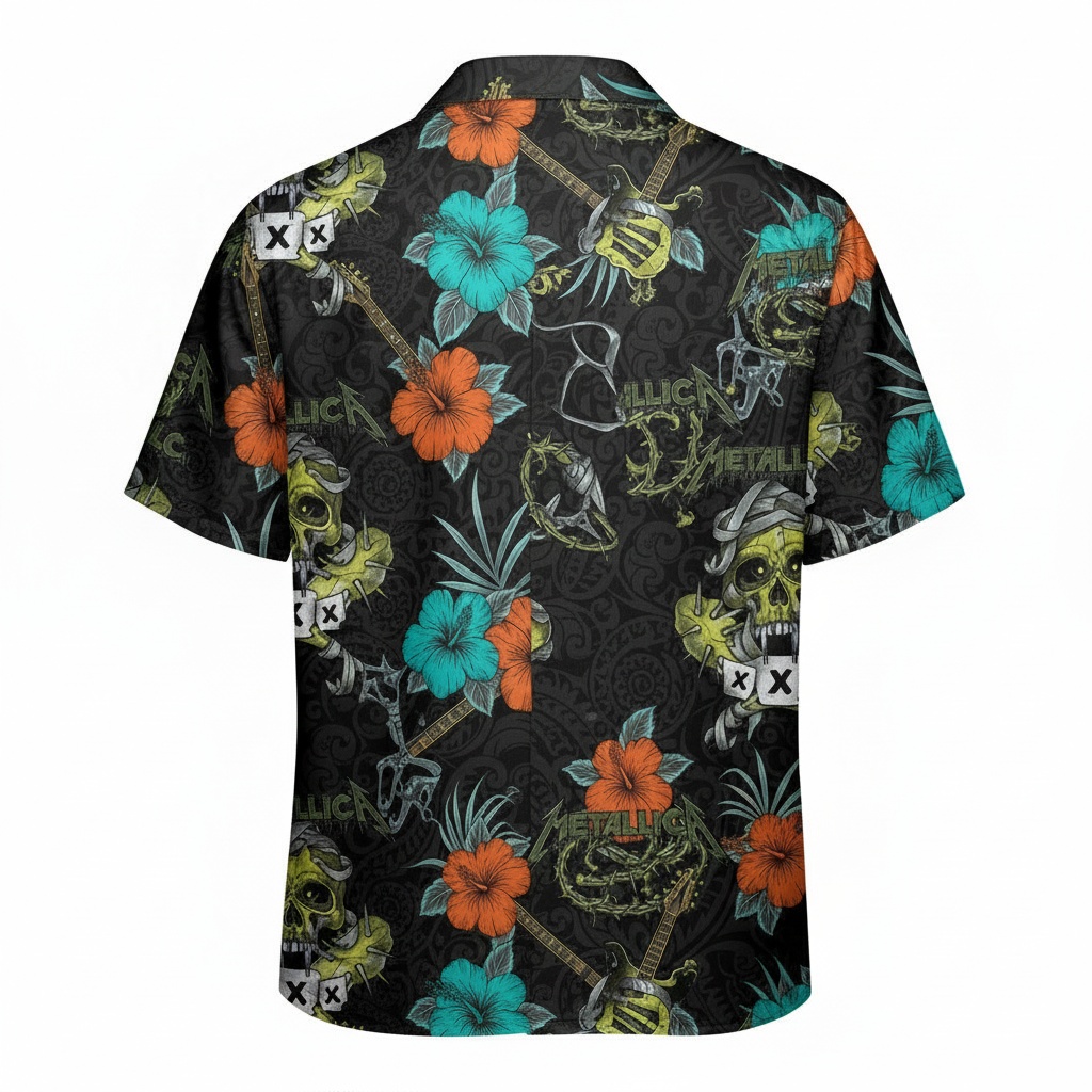 Metallica Skull Floral Hawaiian Shirt Black Rock Style Back - Fadebrick.com