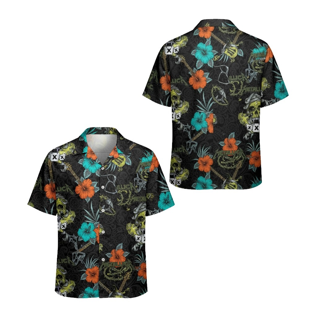 Metallica Skull Floral Hawaiian Shirt Black Rock Style Front Back - Fadebrick.com