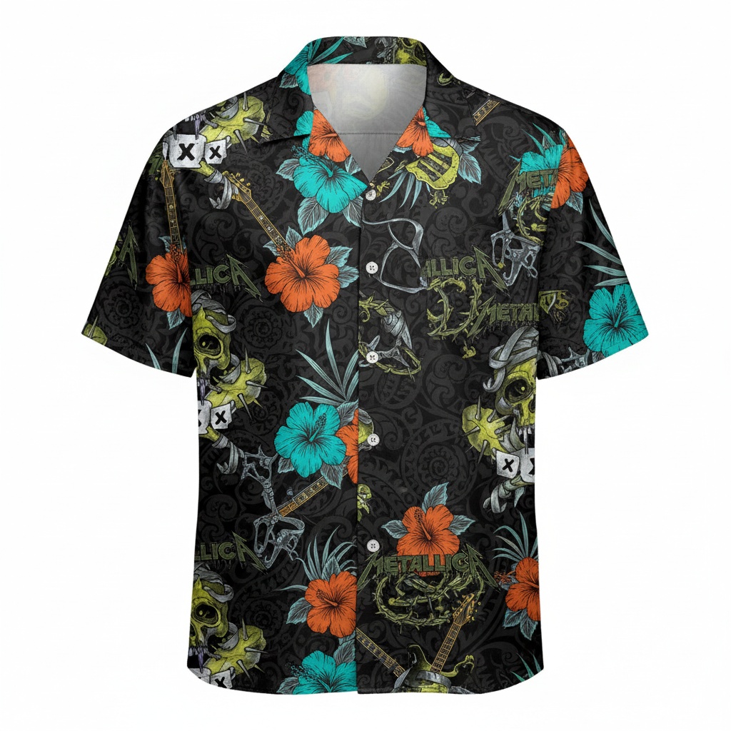 Metallica Skull Floral Hawaiian Shirt Black Rock Style Front - Fadebrick.com