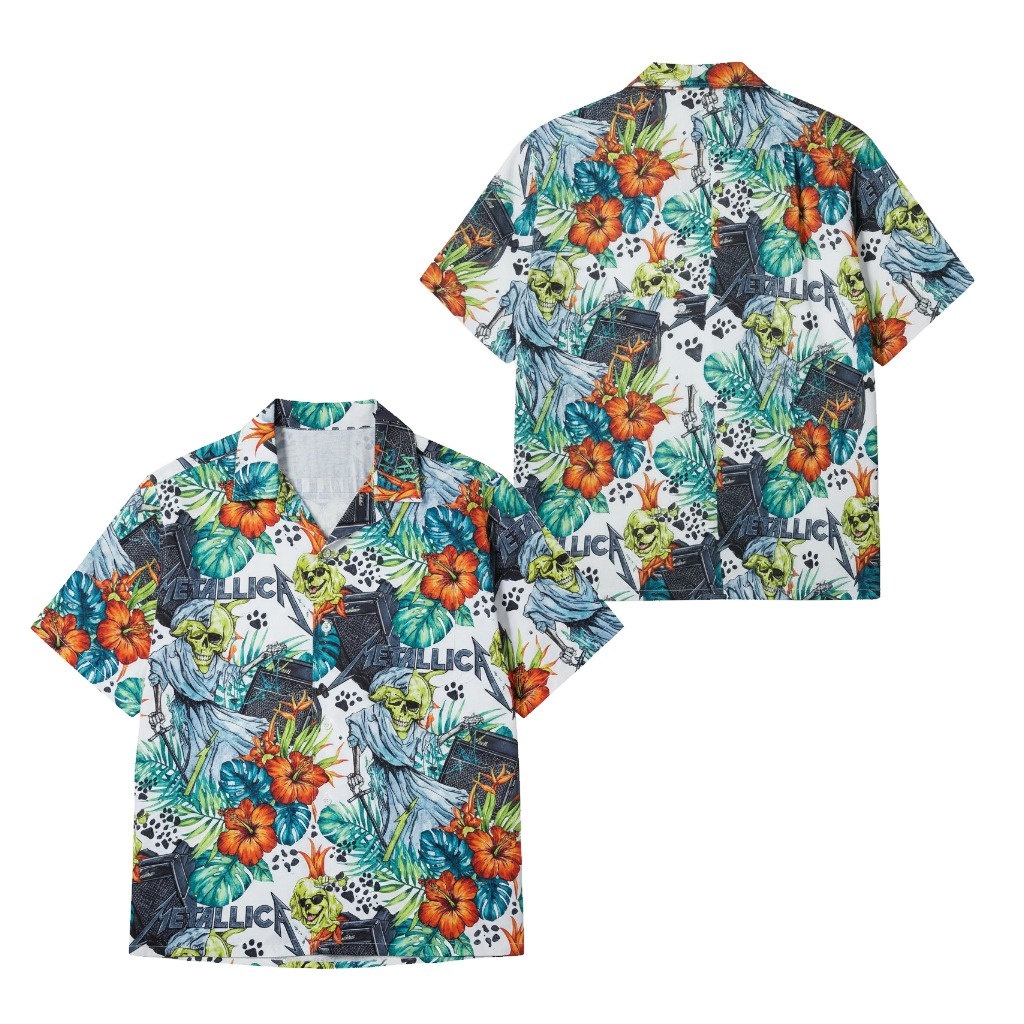 Metallica Skull Floral Hawaiian Shirt White Front Back - Fadebrick.com