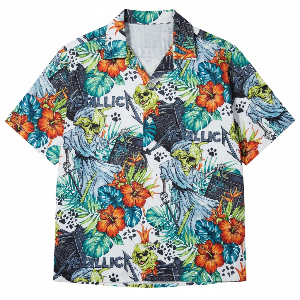 Metallica Skull Floral Hawaiian Shirt White Front - Fadebrick.com