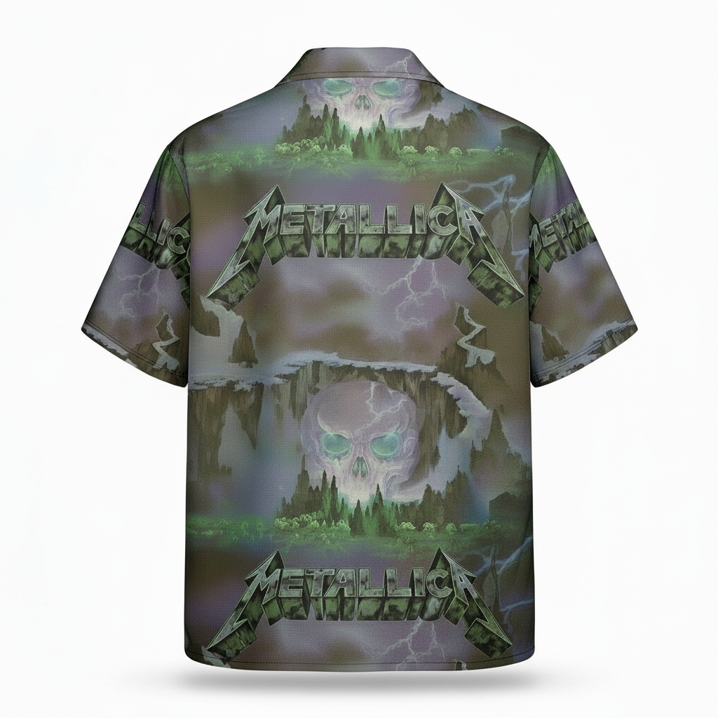 Metallica Skull Graphic Hawaiian Shirt Green Rock Band Back - Fadebrick.com