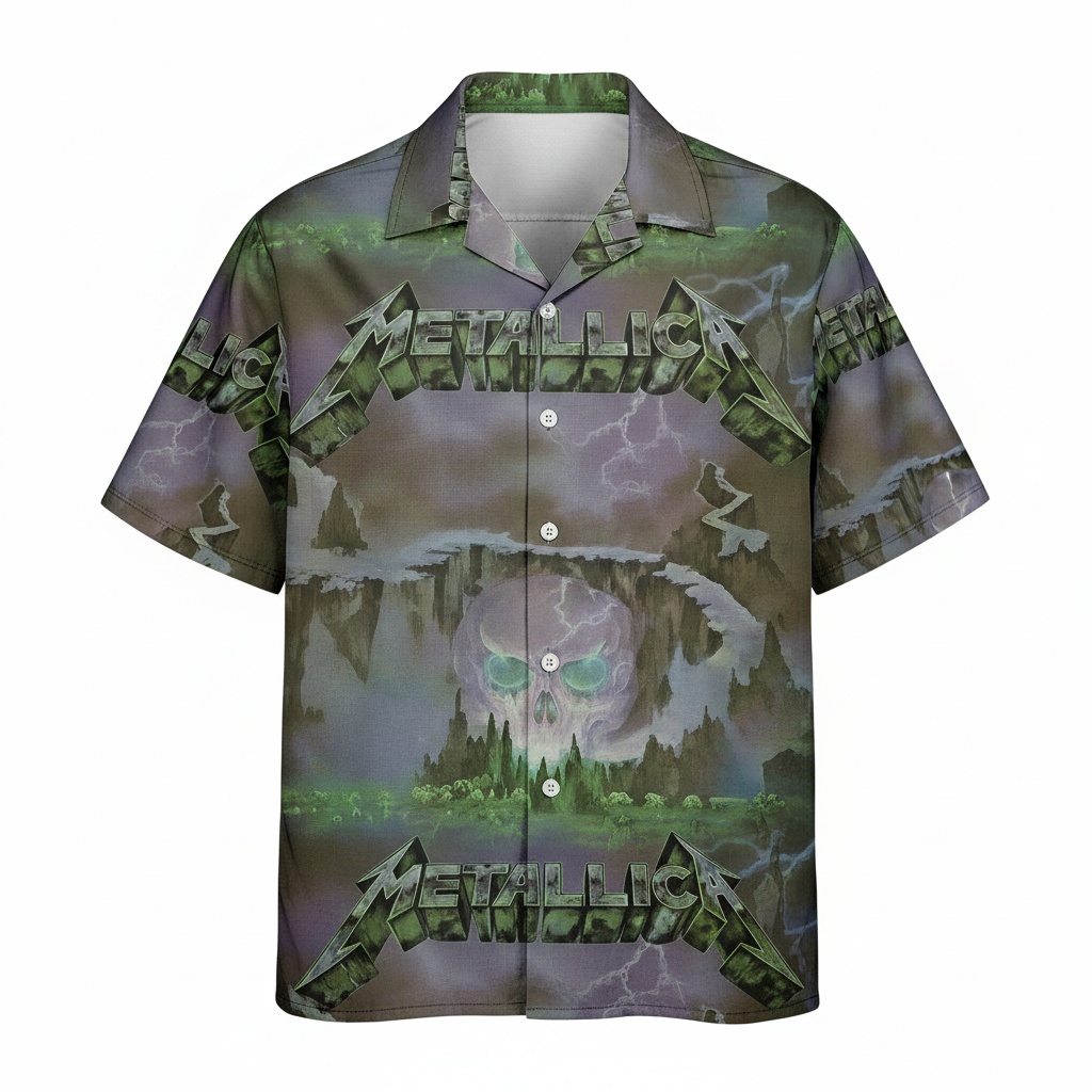 Metallica Skull Graphic Hawaiian Shirt Green Rock Band Front - Fadebrick.com