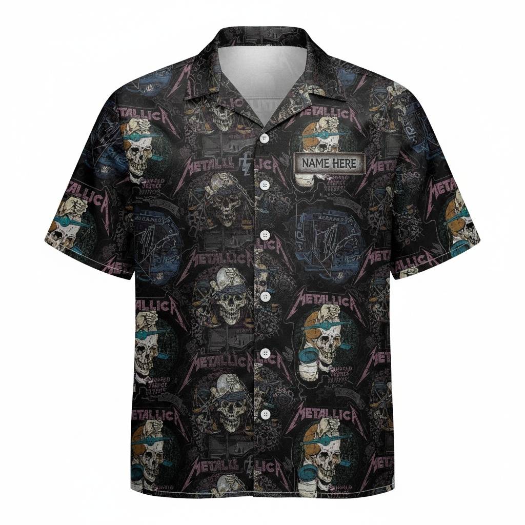Metallica Skull Hawaiian Shirt Black Design Front - Fadebrick.com