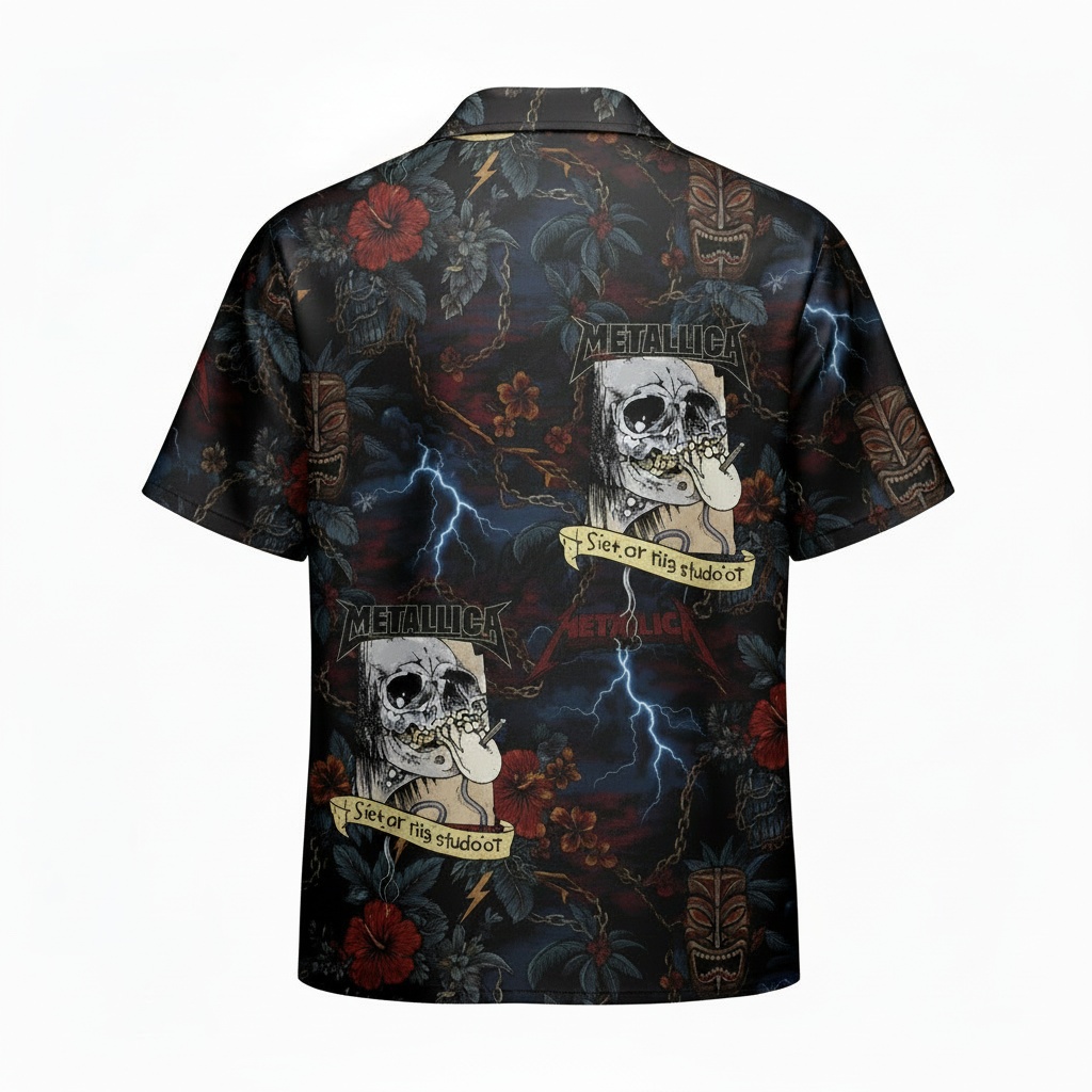 Metallica Skull Hawaiian Shirt Dark Floral Lightning Design Back - Fadebrick.com