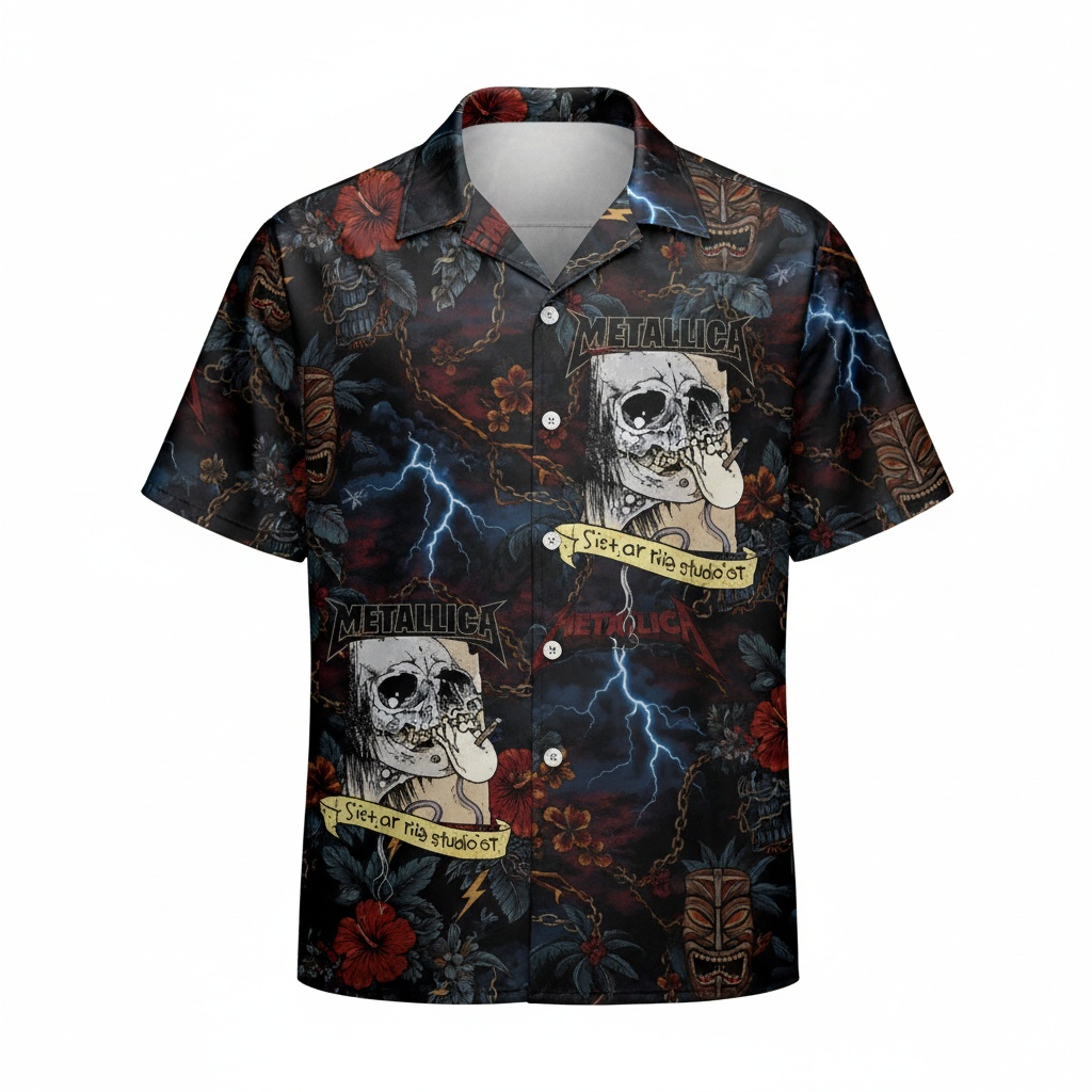 Metallica Skull Hawaiian Shirt Dark Floral Lightning Design Front - Fadebrick.com