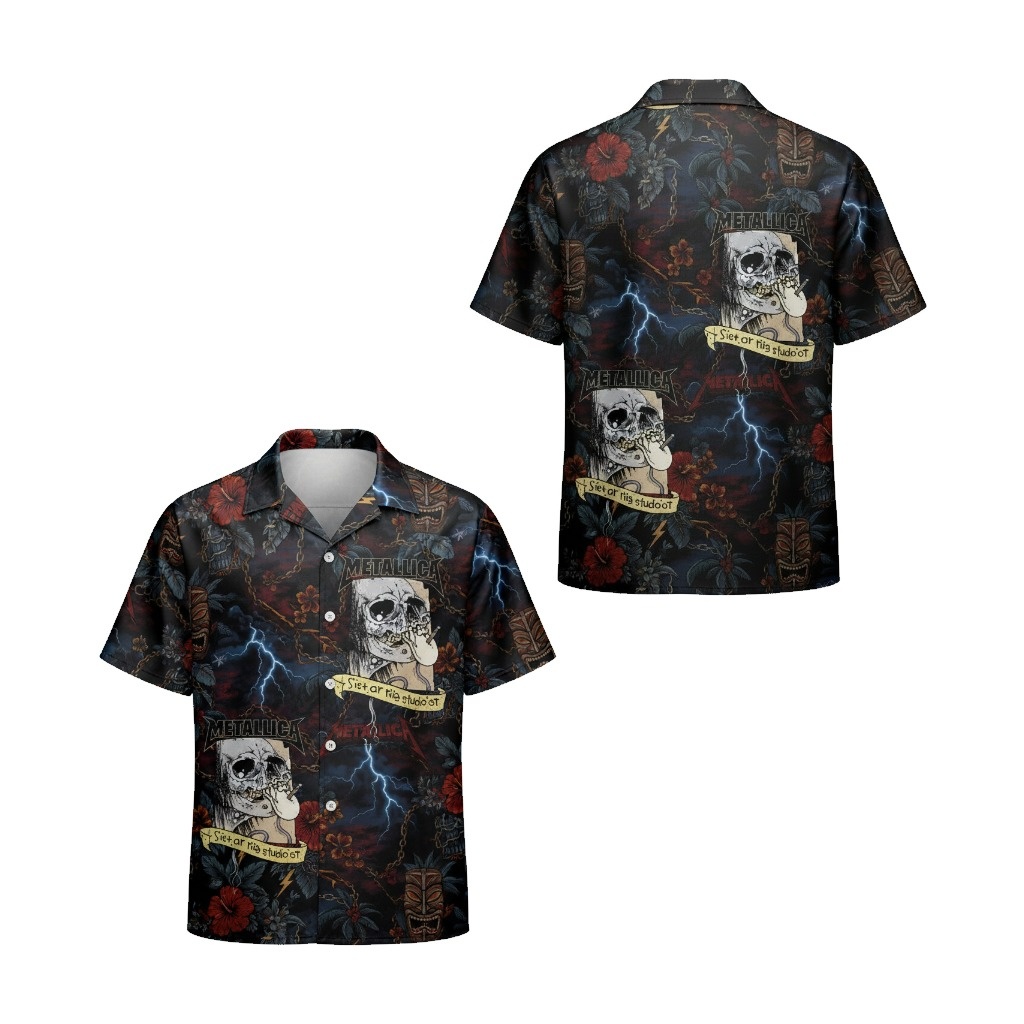 Metallica Skull Hawaiian Shirt Dark Floral Lightning Design - Fadebrick.com