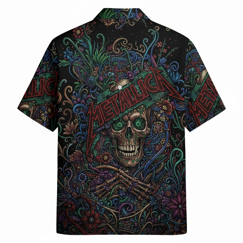 Metallica Skull Hawaiian Shirt Dark Floral Print Back - Fadebrick.com