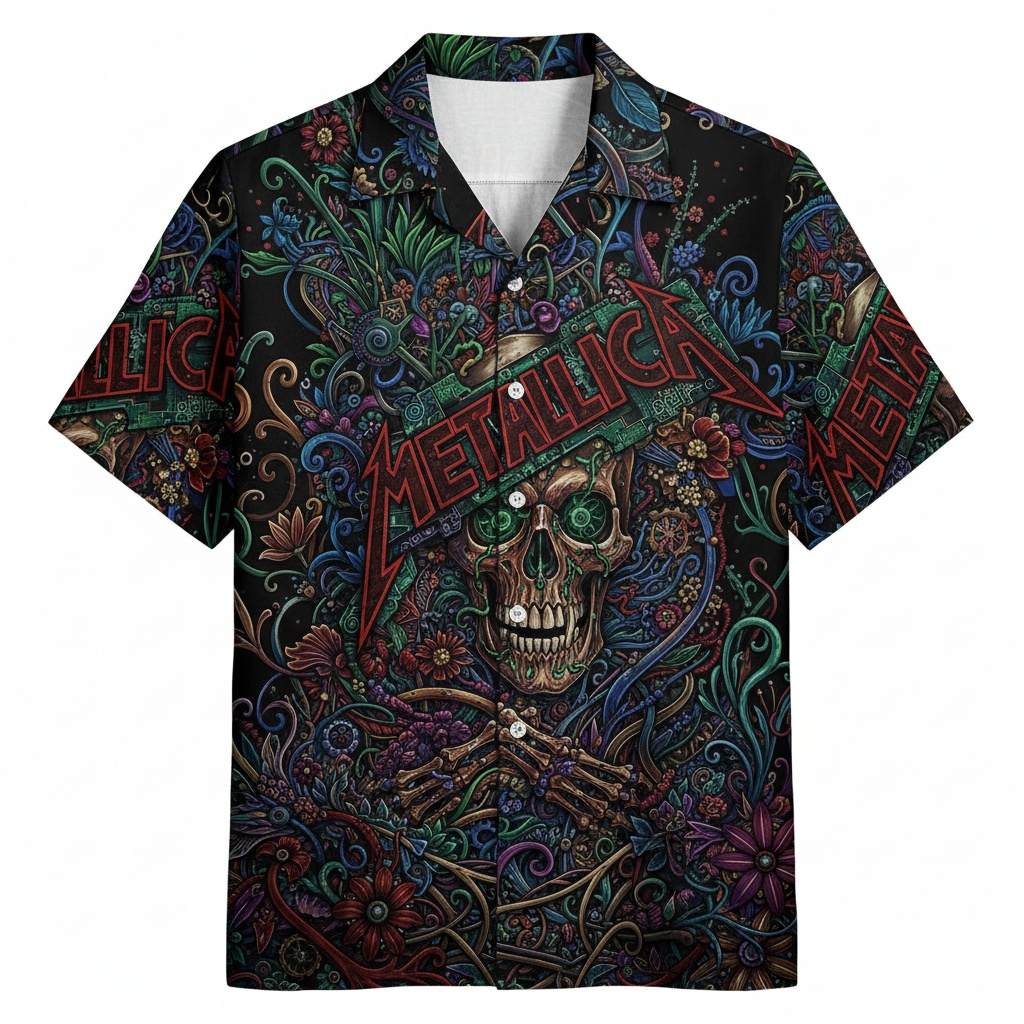 Metallica Skull Hawaiian Shirt Dark Floral Print Front - Fadebrick.com